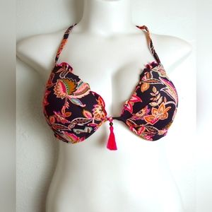 Share & Shore 36DD Navy Peach Floral Halter Bikini Top